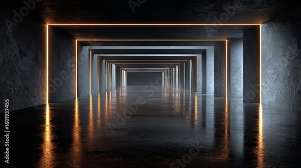 Fototapeta An empty dark room with green fluorescent neon lights creates a stage-like atmosphere, perfect for a scene or night club party concept, with ample space