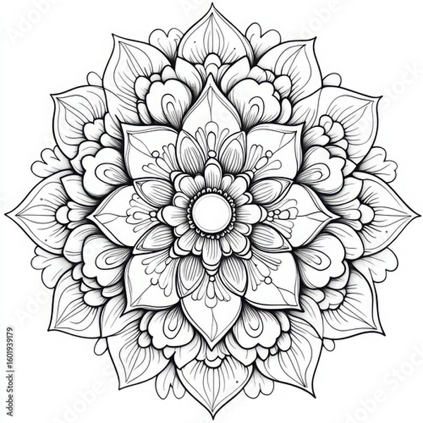 Obraz Detailed floral mandala with intricate petal designs and a central circular motif in black and white art