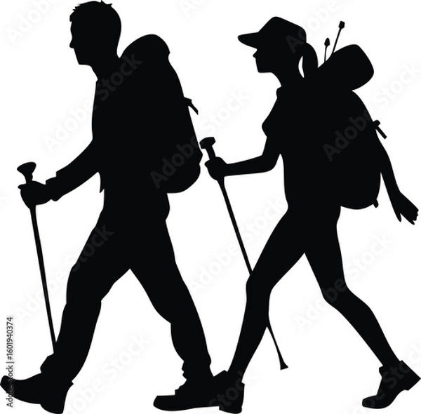 Fototapeta Black Silhouette of Two Hikers with Backpacks and Trekking Poles