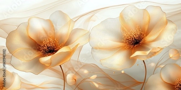 Obraz A close up of several elegant flowers with golden accents on a light background with swirls design