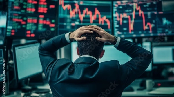 Fototapeta A stressed businessman holds his head while looking at multiple monitors displaying declining stock market graphs and data.