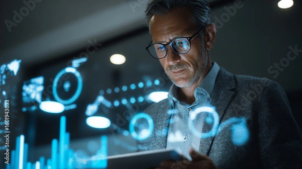 Fototapeta A focused businessman analyzes data trends on a tablet, showcasing the intersection of technology and modern finance.