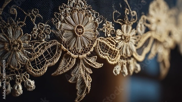 Fototapeta Detailed Gold Floral Embroidery on Dark Blue Fabric