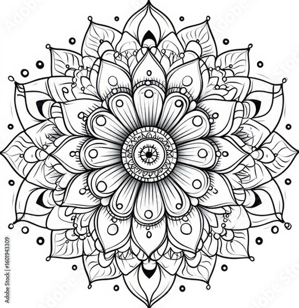 Obraz A detailed black and white mandala illustration with intricate floral and geometric designs in a circular pattern