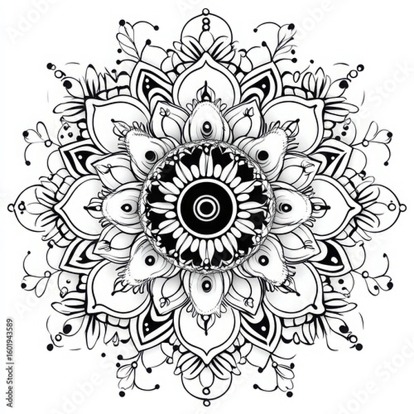 Obraz Detailed black and white mandala illustration with floral and geometric elements in a circular design