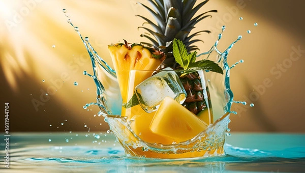 Obraz Action shot of pineapple beverage splashing from glass with bold colors and motion effect