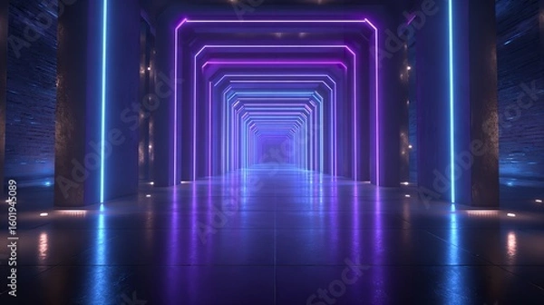 Fototapeta The empty neon tunnel provides an abstract, immersive background with a wallpaper feel, perfect for a bestseller with a futuristic theme