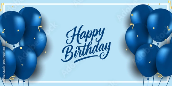 Fototapeta Happy Birthday cards with balloons and blue strips. Template for postcard, poster, flyer, banner,  anniversary horizontal banner with flying helium balloons and confetti ribbons.and copy space.
