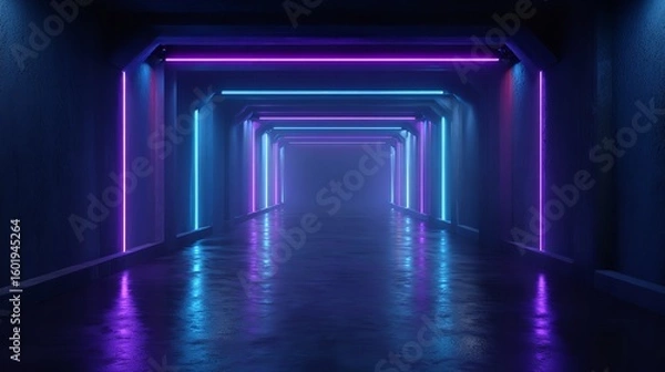 Fototapeta The empty neon tunnel provides an abstract, immersive background with a wallpaper feel, perfect for a bestseller with a futuristic theme