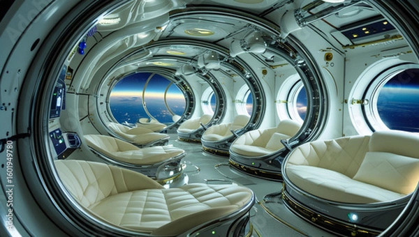 Fototapeta Futuristic spaceship interior space station lounge with earth view and comfortable seating design concept