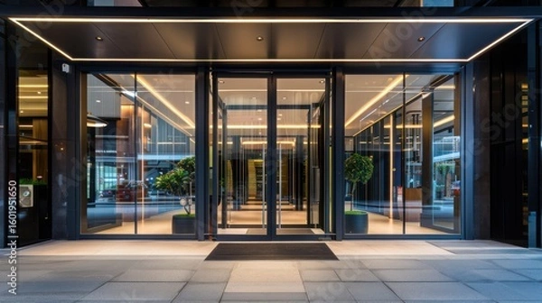 Obraz A modern glass entrance with a black frame and illuminated lights.