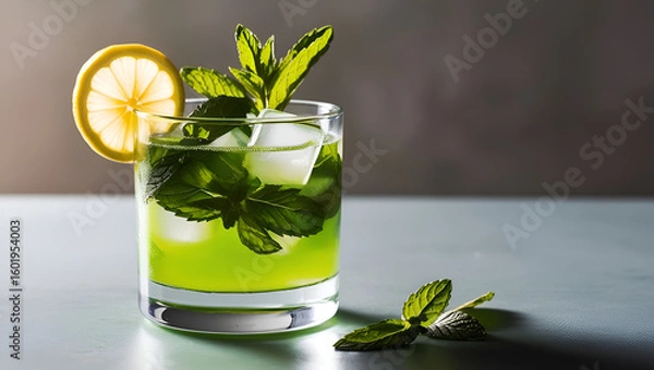 Obraz Refreshing mint mojito served in a clear glass with lime and ice, set against a dark textured backdrop