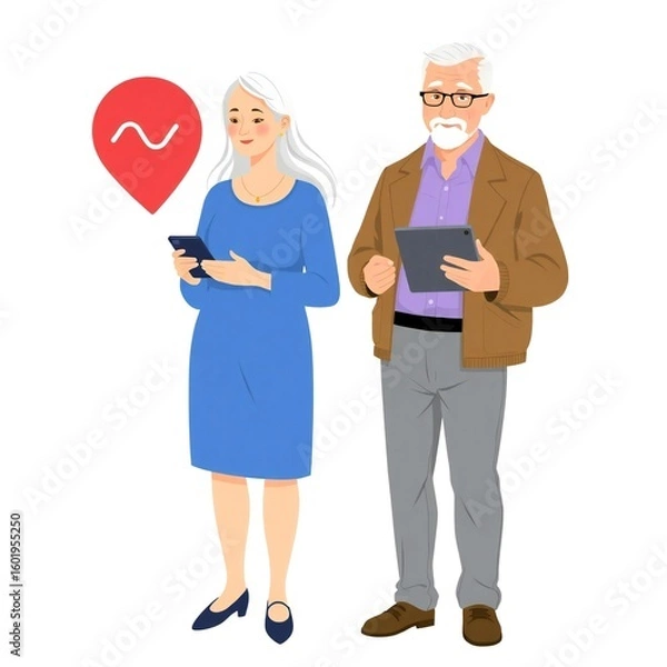 Fototapeta Elderly couple using smart devices with health monitoring heart icon