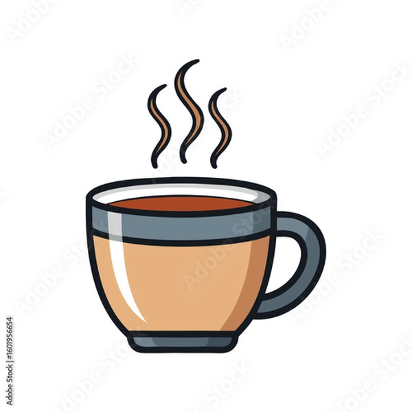 Fototapeta A steaming cup of hot coffee or tea with a handle isolated on white background