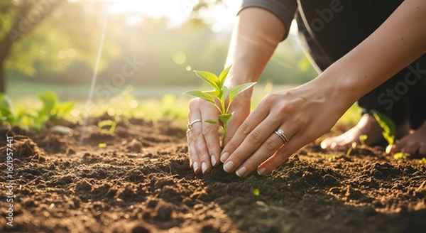 Obraz Close-up of hands planting a young seedling in rich soil during sunny day for environmental conservation and sustainable agriculture concepts