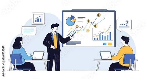 Obraz Business professionals analyzing financial data and growth charts during a collaborative meeting presentation on a large screen