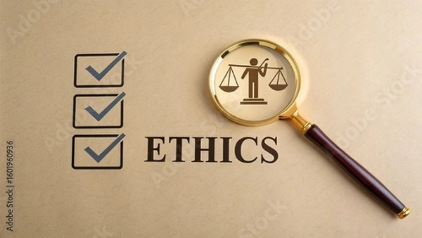 Fototapeta Ethics and compliance checklist concept with magnifying glass and scales of justice symbol image