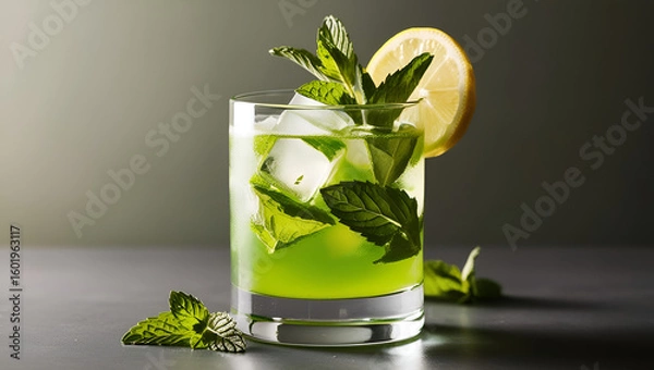 Obraz Chilled green mojito drink garnished with fresh mint and citrus in a glass, dramatic low-light setting