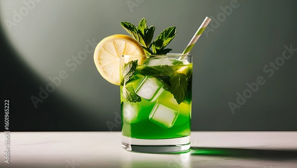 Obraz Classic mojito cocktail with lemon wedges and mint sprigs in clear glass on a dark moody surface