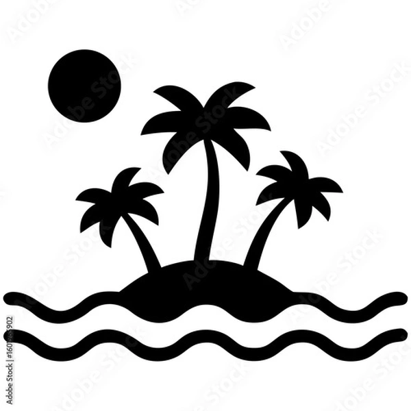Fototapeta Tropical island paradise with palm trees and wavy ocean under a bright sun silhouette