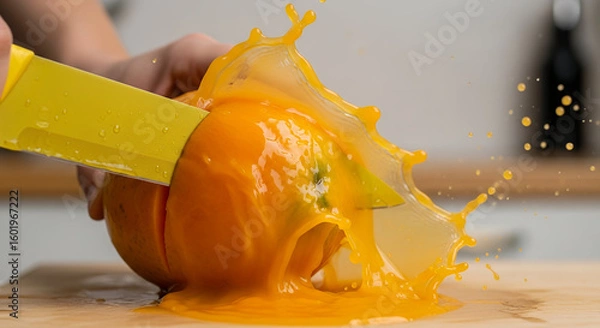 Fototapeta A person cutting an orange with a yellow knife, creating a splash of juice in mid-air on a wooden cutting board.