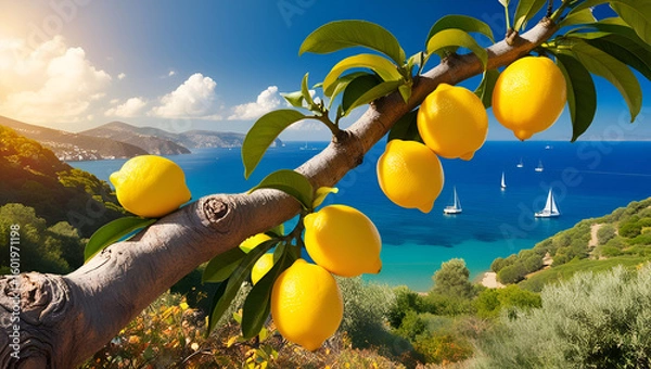 Obraz Bright yellow lemons on tree branches with a scenic Mediterranean sea in the background