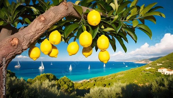 Obraz Lemon tree with vibrant fruit overlooking the sparkling blue waters of the Mediterranean