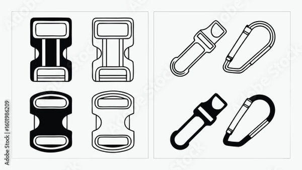 Obraz Black and white icons of backpack buckles and carabiners