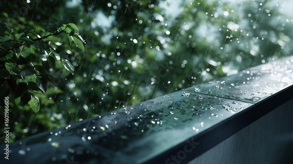 Obraz ベランダの手すりに叩きつける激しい雨粒、スコール