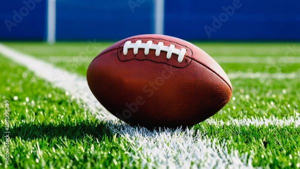 Fototapeta Classic Football on Green Field, A single, classic football rests on a vibrant green and blue artificial turf field. The football showcases traditional white lacing and is slightly angled.