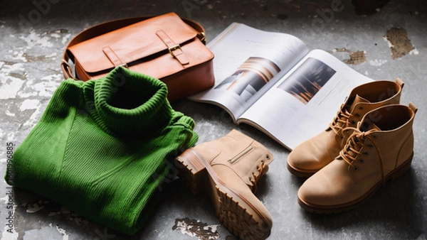 Fototapeta Casual Style Still Life - Turtleneck, Boots, and Magazine, A curated still life composition featuring a folded green turtleneck sweater, a pair of tan boots, and an open magazine on a concrete floor.