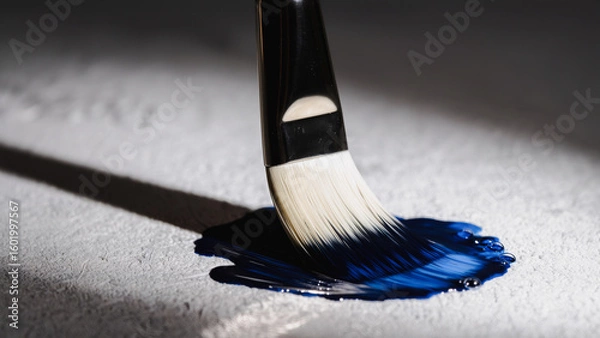 Fototapeta  A paintbrush immersed in vibrant blue paint, creating a dynamic splash and drip effect against a clean white background.