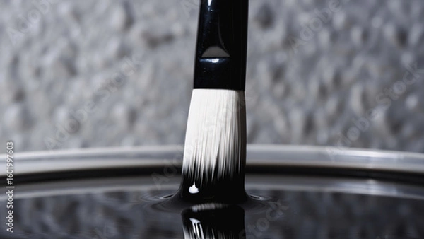 Fototapeta Paintbrush Splash - Black and White Paint Action, A close-up shot of a paintbrush immersed in black and white paint, creating a dynamic splash. The brush is centrally positioned.