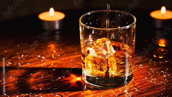 Fototapeta Cozy Whiskey Moment - Candlelit Relaxation, A close-up shot of a glass of amber-colored whiskey with ice cubes, resting on a rustic wooden surface.