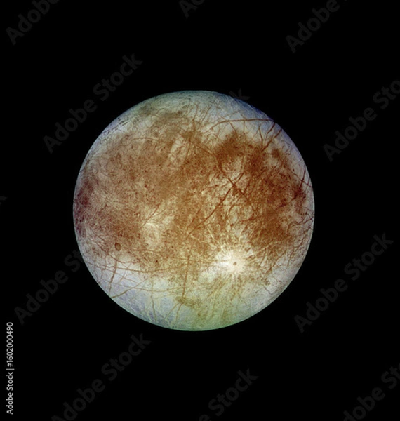 Obraz Detailed view of Europa, Jupiter's enigmatic icy moon, showcasing its fractured surface in deep space.