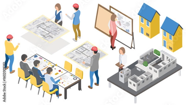 Fototapeta Isometric view showing architects discussing blueprints and models in a design meeting room setting