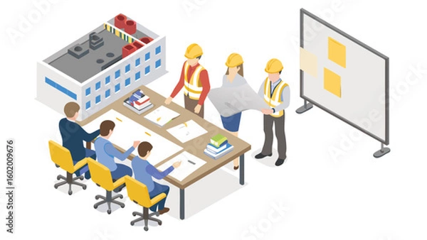 Fototapeta Isometric view of construction team reviewing blueprints at a table with a factory and whiteboard shown