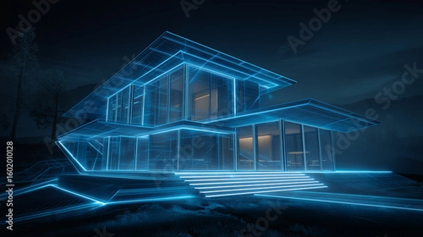Fototapeta Futuristic digital wireframe architecture of a smart home