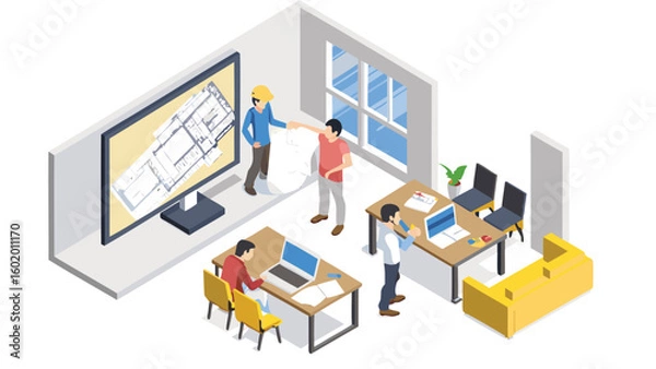 Fototapeta Isometric office scene depicting architects reviewing blueprints and working on computers in a modern space