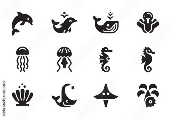Obraz Collection of minimalist black and white sea creatures illustrations perfect for ocean themed designs and marine life educational materials