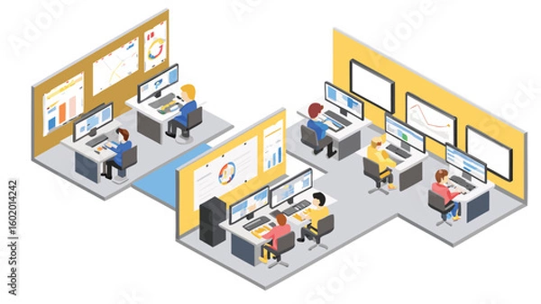 Fototapeta Isometric view of office spaces with workers at desks and monitors displaying data visualizations