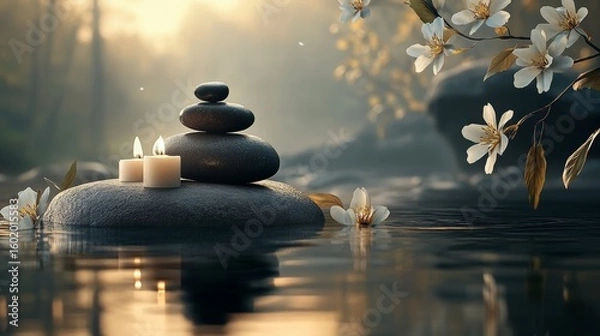 Fototapeta Serene moment of tranquility with stones, candles, and flowers reflecting in calm water at dawn