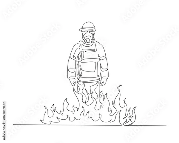 Fototapeta Firefighter standing on fire flames outline drawing illustration. one continuous line drawing of firefighter with hot fire background.