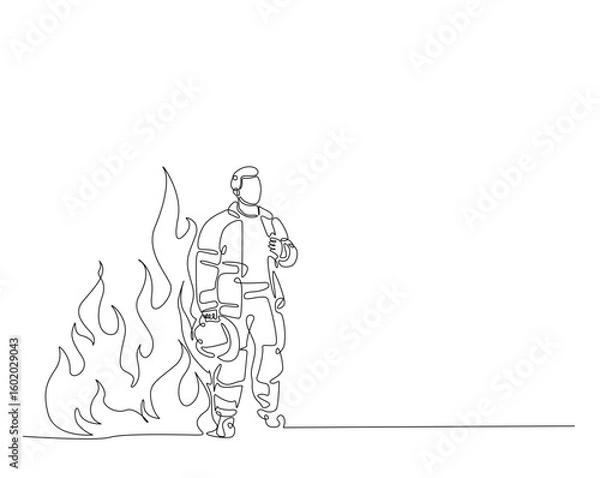 Fototapeta Firefighter standing on fire flames outline drawing illustration. one continuous line drawing of firefighter with hot fire background.