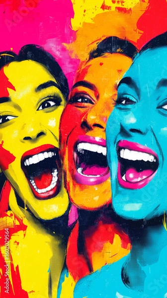 Fototapeta Vibrant Pop Art Portrait of Three Laughing Women – Colorful Modern Expression of Joy and Friendship
