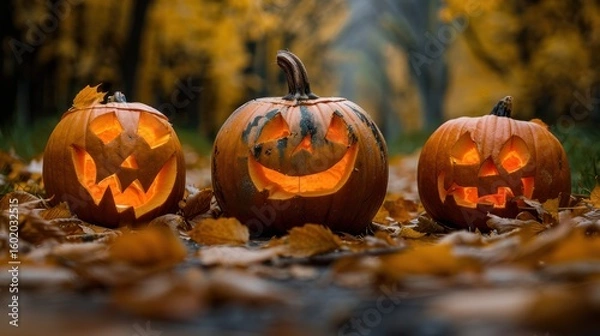 Obraz Three illuminated jack-o'-lanterns sit among fallen leaves in an autumn landscape