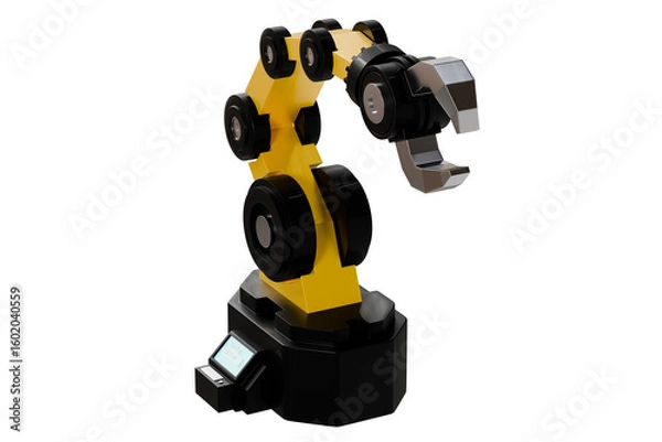 Fototapeta 3d Mechanical arm in the isolated on white background, industrial robot, robot arm. Minimal Yellow and Black robotic arm with grey gripper standing. 3d rendering.