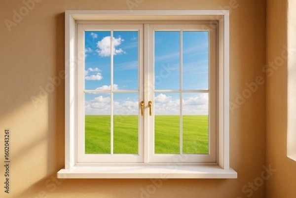 Fototapeta Bright modern interior with window view of green field and blue sky with clouds, sunlight casting soft shadows on beige wall background.