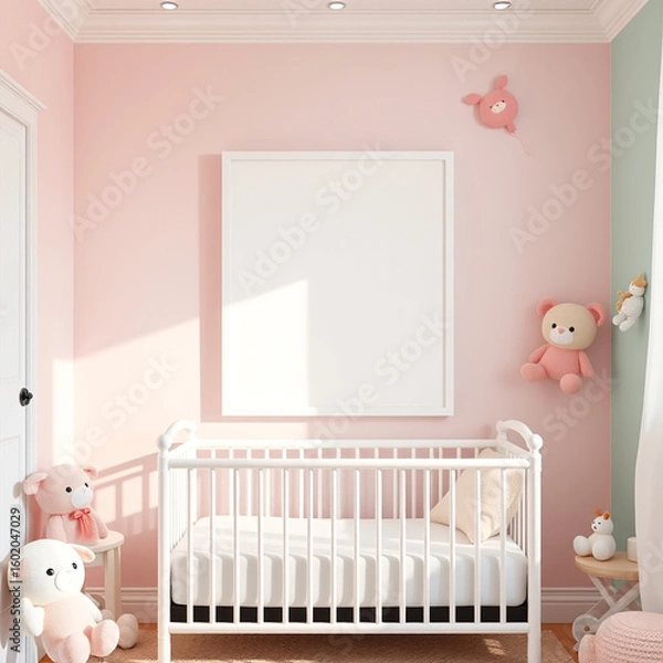 Fototapeta blank canvas mockup in a whimsical children's room with pastel walls and plush toys ideal for portrait orientation frame showcasing adorable nursery design and playful decor elements perfect for digit