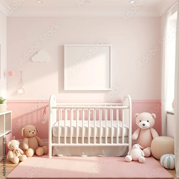 Fototapeta blank picture frame mockup in a stylish room pastel wall design with plush toys whimsical child-friendly decor creative interior display 3d render vibrant colors ideal for artistic presentations
